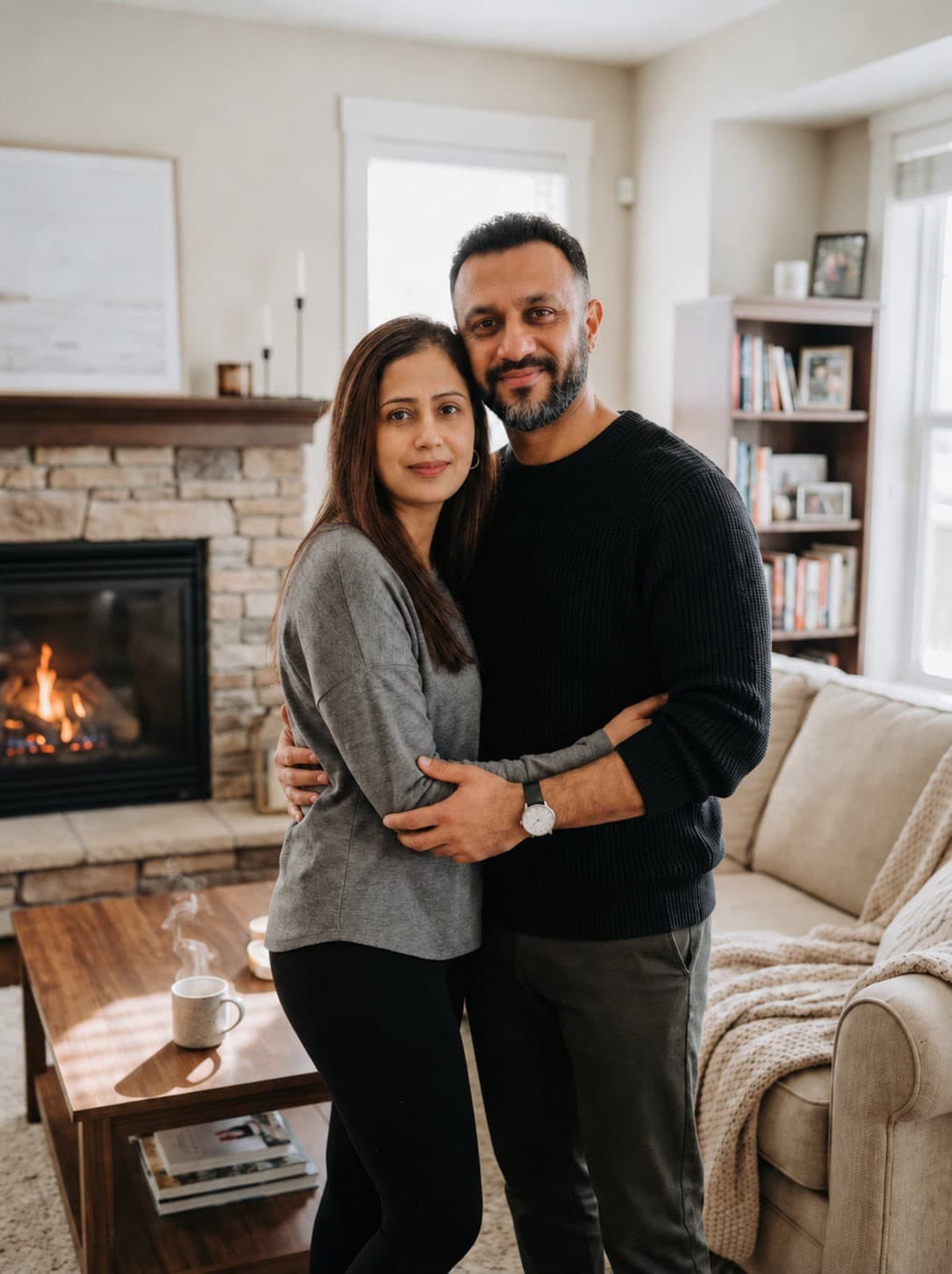 Rashmi and Bhaskar standing together in their living room
